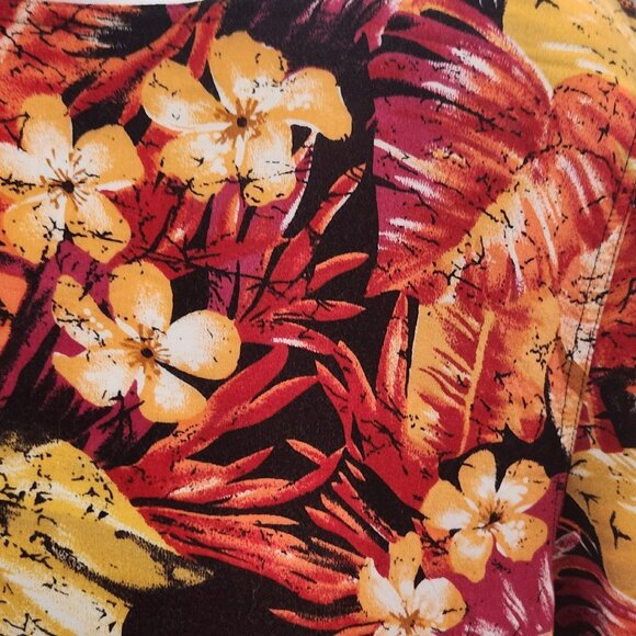 80s Tess Tropical Floral Rayon Blouse Black Orange Yellow Women's Size Large - Picture 10 of 13